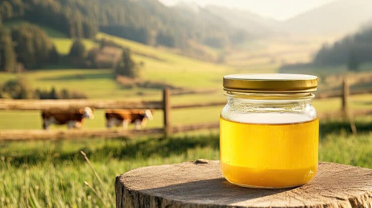 ghee oil against background grazing cows sel — desi ghee types article image